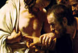 Thomas probes the wounds and comes to believe Image of Thomas probes the wounds and comes to believe