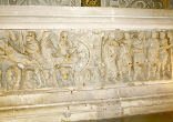 The star attraction is on the right side of the apse: the marble sarcophagus of Saint Sernin, designed by the Master of Cabestany. The sarcophagus is carved from a single block of Pyrenean marble. The detailed sculptures tell the story of St. Sernin's ministry, arrest, martyrdom and burial in Toulouse. Image of The star attraction is on the right side of the apse: the marble sarcophagus of Saint Sernin, designed by the Master of Cabestany. The sarcophagus is carved from a single block of Pyrenean marble. The detailed sculptures tell the story of St. Sernin's ministry, arrest, martyrdom and burial in Toulouse.
