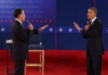 Governor Mitt Romney and president Barack Obama in second debate Image of Governor Mitt Romney and president Barack Obama in second debate