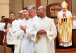 Fathers Manuel Bravo, Chan Woo Lee, Eben MacDonald and Nabor Rios turn to the assembly gathered for their ordination to the priesthood June 2. VICTOR ALEMAN
Image of Fathers Manuel Bravo, Chan Woo Lee, Eben MacDonald and Nabor Rios turn to the assembly gathered for their ordination to the priesthood June 2. VICTOR ALEMAN