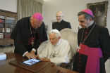 Pope Benedict sending his first tweet in June, 2011. Image of Pope Benedict sending his first tweet in June, 2011.