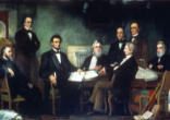 Abraham Lincoln signing the emancipation proclamation Image of Abraham Lincoln signing the emancipation proclamation
