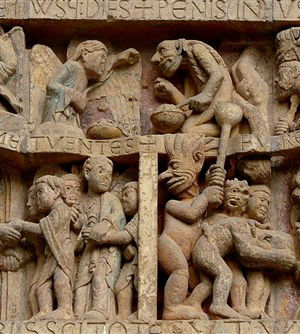Last Judgment in the tympanum at the Abbey of st. Foy bristles with hideous imagination of the fate to befall sinners in the afterlife. Last Judgment in the tympanum at the Abbey of st. Foy bristles with hideous imagination of the fate to befall sinners in the afterlife.
