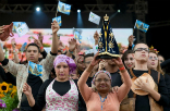 Visitors to the Marian shrine wait excitedly for Pope Francis to begin Mass. Image of Visitors to the Marian shrine wait excitedly for Pope Francis to begin Mass.