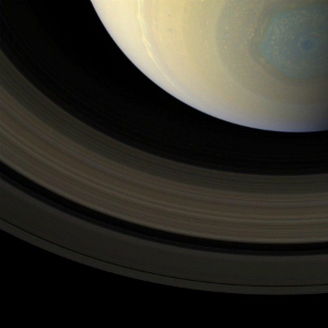 The mysterious gray-blue-tinted hexagonal storm is visible in this image captured on Oct. 10. Image of The mysterious gray-blue-tinted hexagonal storm is visible in this image captured on Oct. 10.