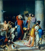 Jesus drives the money changers from the temple.
With hearts clear and focused on our Lord, we can follow the advice of Blessed Mother Teresa of Calcutta, Everything starts with prayer. Love to pray--feel the need to pray often during the day and take the trouble to pray. If you want to pray better, you must pray more. The more you pray, the easier it becomes. Perfect prayer does not consist of many words but in the fervor of the desire which raises the heart to Jesus. (Fr. Randy Sly)
Image of Jesus drives the money changers from the temple.
With hearts clear and focused on our Lord, we can follow the advice of Blessed Mother Teresa of Calcutta, Everything starts with prayer. Love to pray--feel the need to pray often during the day and take the trouble to pray. If you want to pray better, you must pray more. The more you pray, the easier it becomes. Perfect prayer does not consist of many words but in the fervor of the desire which raises the heart to Jesus. (Fr. Randy Sly)