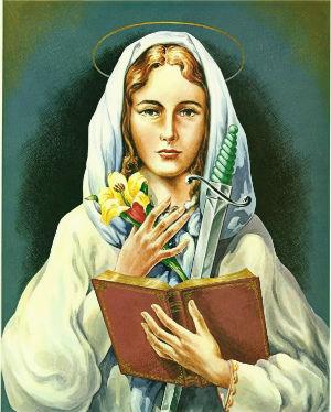 St. Dymphna is typically artistically represented with a sword in her hand and a fettered devil at her feet. St. Dymphna is typically artistically represented with a sword in her hand and a fettered devil at her feet.