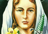 St. Dymphna is typically artistically represented with a sword in her hand and a fettered devil at her feet.
Image of St. Dymphna is typically artistically represented with a sword in her hand and a fettered devil at her feet.