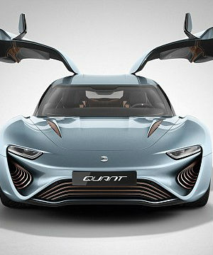 A four-seater, the car's 22-inch wheels sit just beneath impressive double gull-wing doors, in the manner of the classic DeLorean, that feature 'Chrystal Lake Blue' paint. A four-seater, the car's 22-inch wheels sit just beneath impressive double gull-wing doors, in the manner of the classic DeLorean, that feature 'Chrystal Lake Blue' paint.