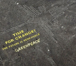 Greenpeace activists destroyed part of the ancient Nazca hummingbird, during a publicity stunt on December 8. Greenpeace activists destroyed part of the ancient Nazca hummingbird, during a publicity stunt on December 8.