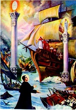 The saint saw the Church as a great Ship of Peter surrounded by a flotilla of other vessels. They were engaged in intense warfare. At the helm of the Church was the Pope who at one point in a fierce battle fell mortally wounded. The enemies of the Church closed in sensing this was their moment. In the vision two columns then emerged from the great ocean Image of The saint saw the Church as a great Ship of Peter surrounded by a flotilla of other vessels. They were engaged in intense warfare. At the helm of the Church was the Pope who at one point in a fierce battle fell mortally wounded. The enemies of the Church closed in sensing this was their moment. In the vision two columns then emerged from the great ocean