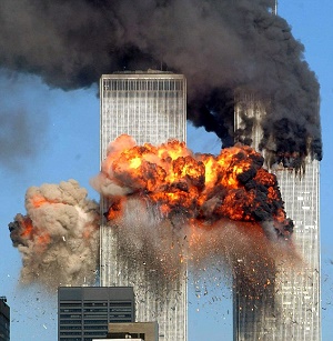 The Word Trade Towers under assault from terrorists on 9/11 The Word Trade Towers under assault from terrorists on 9/11