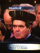 Justice Antonin Scalia at the second Inauguration of President Barack Obama, wearing a replica of the hat worn by Thomas More Image of Justice Antonin Scalia at the second Inauguration of President Barack Obama, wearing a replica of the hat worn by Thomas More