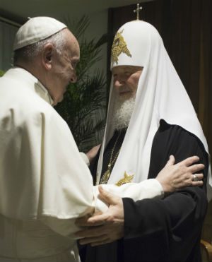 The first-ever meeting between a Pope and a Patriarch of Moscow was held privately. Afterwards they signed a joint declaration that focused on several topics. Photo by Japan Times. The first-ever meeting between a Pope and a Patriarch of Moscow was held privately. Afterwards they signed a joint declaration that focused on several topics. Photo by Japan Times.