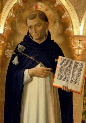 A rendering of St Dominic, the great preacher, pointing to the Gospel A rendering of St Dominic, the great preacher, pointing to the Gospel