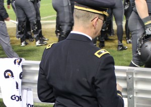 The only person taking a knee at the Army-Navy Game at West Point (New Advent). Image of The only person taking a knee at the Army-Navy Game at West Point (New Advent).