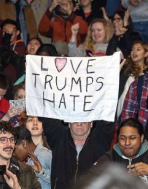 Protesters claim 'love trumps hate.' Protesters claim 'love trumps hate.'