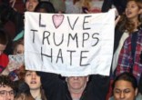 Protesters claim 'love trumps hate.' Image of Protesters claim 'love trumps hate.'