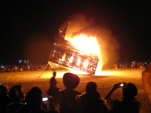 A church is burned in full-scale effigy at the Burning Man festival, an expression of pop culture. A church is burned in full-scale effigy at the Burning Man festival, an expression of pop culture.