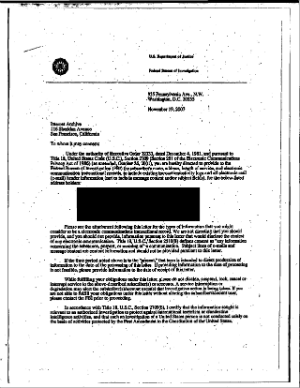A partially redacted National Security Letter orders the handover of information to the FBI. Such letters can be used to obtain information without judicial review of the request. A partially redacted National Security Letter orders the handover of information to the FBI. Such letters can be used to obtain information without judicial review of the request.