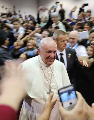 Pope Francis addressed hundreds of faith-based and social justice organizers from across the United States and the world during the U.S. Regional World Meeting of Popular Movements gathering. Pope Francis addressed hundreds of faith-based and social justice organizers from across the United States and the world during the U.S. Regional World Meeting of Popular Movements gathering.