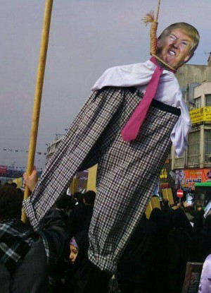 A cutout of U.S. President Donald Trump was lynched at Iran's Revolution anniversary rally (Sobhan Hassanvand/Twitter). A cutout of U.S. President Donald Trump was lynched at Iran's Revolution anniversary rally (Sobhan Hassanvand/Twitter).