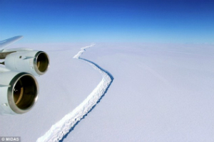 The crack in the Larsen - C ice shelf has grown six miles in two months. The crack in the Larsen - C ice shelf has grown six miles in two months.