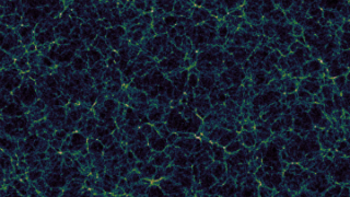 The universe has a sponge-like structure with galaxy clusters forming strands, and vast gulfs of empty space in between. The universe has a sponge-like structure with galaxy clusters forming strands, and vast gulfs of empty space in between.