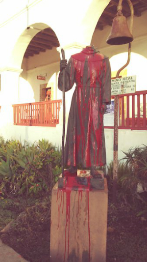 The vandalized statue of St. Serra has been removed for now. The vandalized statue of St. Serra has been removed for now.
