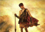 King David first appears in the Bible as the young shepherd who kills the giant, Goliath. Image of King David first appears in the Bible as the young shepherd who kills the giant, Goliath.