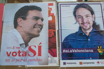 Campaign posters depicting PSOE leader Pedro Sanchez and Podemos leader Pablo Iglesias Image of Campaign posters depicting PSOE leader Pedro Sanchez and Podemos leader Pablo Iglesias