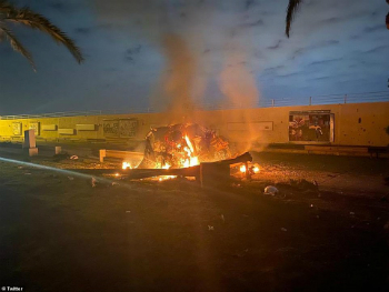 Photos shared widely on Twitter, show the wreckage of cars destroyed by hellfire missiles near Baghdad. Image of Photos shared widely on Twitter, show the wreckage of cars destroyed by hellfire missiles near Baghdad.