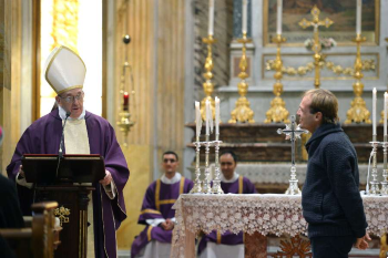 Pope Francis acknowledges Fr. Gonzalo Aemilius his new personal secretary during a homily at a Mass Image of Pope Francis acknowledges Fr. Gonzalo Aemilius his new personal secretary during a homily at a Mass
