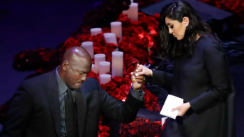 Michael Jordan helps Vanessa Bryant off the stage during the emotional tribute to Kobe Bryant at the Staples Center in Los Angeles. Michael Jordan helps Vanessa Bryant off the stage during the emotional tribute to Kobe Bryant at the Staples Center in Los Angeles.