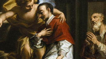 An angel comforts St. Charles Borromeo, who sustained the city of Milan out of his own pocket during and outbreak of plague. Image of An angel comforts St. Charles Borromeo, who sustained the city of Milan out of his own pocket during and outbreak of plague.