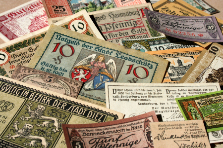 German notgeld, emergency currency from the Weimar era. The flawed policies of this era helped lead Germany into its darkest chapter. Image of German notgeld, emergency currency from the Weimar era. The flawed policies of this era helped lead Germany into its darkest chapter.