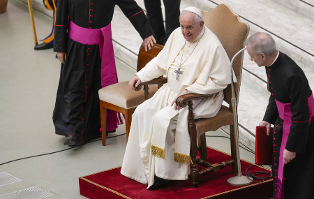 The Holy Father remained seated during several recent public appearances where he would normally stand. Image of The Holy Father remained seated during several recent public appearances where he would normally stand.