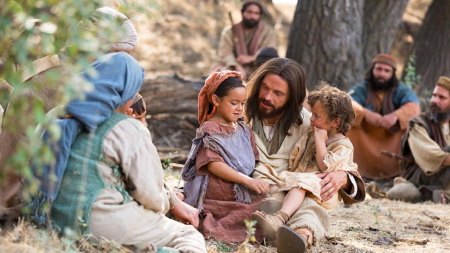 Jesus loves all children, and takes them home by the hand. Image of Jesus loves all children, and takes them home by the hand.