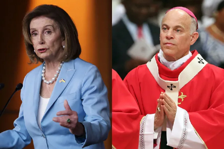 U.S. Speaker of the House Nancy Pelosi (D-CA) at the U.S. Capitol on May 19, 2022, in Washington, D.C. (l), and Archbishop of San Francisco Salvatore Joseph Cordileone at St. Peter's Basilica on June 29, 2013, in Vatican City, Vatican (r). | Kevin Dietsch, Franco Origlia/Getty Images Image of U.S. Speaker of the House Nancy Pelosi (D-CA) at the U.S. Capitol on May 19, 2022, in Washington, D.C. (l), and Archbishop of San Francisco Salvatore Joseph Cordileone at St. Peter's Basilica on June 29, 2013, in Vatican City, Vatican (r). | Kevin Dietsch, Franco Origlia/Getty Images