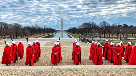 Anti-life protestors dressed as 'Handmaids.' The costume comes from 'The Handmaid's Tale' by Margaret Atwood, about a dystopian future where most women are sterile and those who can conceive are enslaved for the purpose of producing children for social elites. Sadly, such persons fail to recognize that pro-life is also pro-woman, and anti-life is anti-woman. You cannot be more opposed to women than to abort female children. Image of Anti-life protestors dressed as 'Handmaids.' The costume comes from 'The Handmaid's Tale' by Margaret Atwood, about a dystopian future where most women are sterile and those who can conceive are enslaved for the purpose of producing children for social elites. Sadly, such persons fail to recognize that pro-life is also pro-woman, and anti-life is anti-woman. You cannot be more opposed to women than to abort female children.