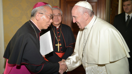 Archbishop Tarcisius Isao Kikuchi with Pope Francis. Image of Archbishop Tarcisius Isao Kikuchi with Pope Francis.