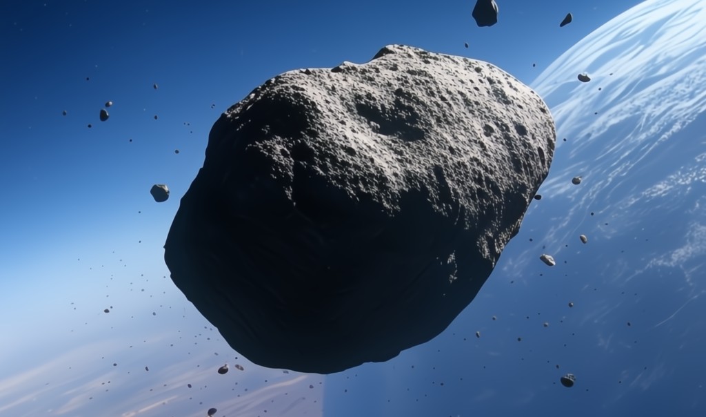 An AI generated image of an asteroid near Earth (Grok). An AI generated image of an asteroid near Earth (Grok).