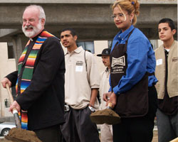JESUIT ANTI-GANG EFFORT BREAKS GROUND FOR NEW FACILITY IN LOS ANGELES
Jesuit Father Greg Boyle, center, is assisted by youths from Homeboy Industries as he breaks ground on the organization's new headquarters in Los Angeles in early March. The 21,000-square-foot center will house a cafe, catering kitchen, offices, a counseling room and other services to assist youths breaking away from the gang lifestyle. (CNS photo)
Image of JESUIT ANTI-GANG EFFORT BREAKS GROUND FOR NEW FACILITY IN LOS ANGELES
Jesuit Father Greg Boyle, center, is assisted by youths from Homeboy Industries as he breaks ground on the organization's new headquarters in Los Angeles in early March. The 21,000-square-foot center will house a cafe, catering kitchen, offices, a counseling room and other services to assist youths breaking away from the gang lifestyle. (CNS photo)