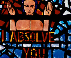 WINDOW OF RECONCILIATION - The reconciliation window at St. Joseph Church in West Bend, Ind., is inscribed with the words Image of WINDOW OF RECONCILIATION - The reconciliation window at St. Joseph Church in West Bend, Ind., is inscribed with the words