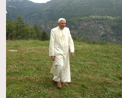 POPE WALKS AT ITALIAN ALPS VACATION SPOT - Pope Benedict XVI walks July 14 at his vacation spot in the northern Italian village of Les Combes. The pope is staying in a mountain chalet in the shadow of Mont Blanc until July 28. (CNS/L'Osservatore Romano)
Image of POPE WALKS AT ITALIAN ALPS VACATION SPOT - Pope Benedict XVI walks July 14 at his vacation spot in the northern Italian village of Les Combes. The pope is staying in a mountain chalet in the shadow of Mont Blanc until July 28. (CNS/L'Osservatore Romano)