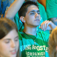 YOUNG MAN PRAYS DURING YOUTH CONFERENCE – A young man prays during the Steubenville of the Rockies Conference in Denver July 23. Surpassing last year's attendance, the annual conference drew 2,100 youths from all over the United States and Canada. A Steubenville conference held in Atlanta the same weekend drew 3,000 youths. (CNS/Denver Catholic Register)
Image of YOUNG MAN PRAYS DURING YOUTH CONFERENCE – A young man prays during the Steubenville of the Rockies Conference in Denver July 23. Surpassing last year's attendance, the annual conference drew 2,100 youths from all over the United States and Canada. A Steubenville conference held in Atlanta the same weekend drew 3,000 youths. (CNS/Denver Catholic Register)