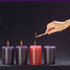 CANDLE FOR THIRD WEEK OF ADVENT - The rose colored candle represents is lit during the third week of Advent and the color represents a hopeful look toward Christ's coming. (CNS) Image of CANDLE FOR THIRD WEEK OF ADVENT - The rose colored candle represents is lit during the third week of Advent and the color represents a hopeful look toward Christ's coming. (CNS)