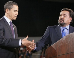 Democratic presidential hopeful Sen. Barack Obama D-Ill., left, smiles with New Mexico Gov. Bill Richardson, Friday, March 21, 2008, at the Memorial Coliseum in Portland, Ore. where Richardson announced his endorsement of Obama. Image of Democratic presidential hopeful Sen. Barack Obama D-Ill., left, smiles with New Mexico Gov. Bill Richardson, Friday, March 21, 2008, at the Memorial Coliseum in Portland, Ore. where Richardson announced his endorsement of Obama.