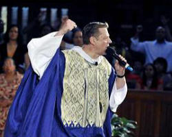 Father Michael Pfleger, whose controversial remarks at Trinity United set off a national controversy, has been temporarily replaced by Father William Vanecko (inset). His long term assignment at Saint Sabina is not certain. Image of Father Michael Pfleger, whose controversial remarks at Trinity United set off a national controversy, has been temporarily replaced by Father William Vanecko (inset). His long term assignment at Saint Sabina is not certain.