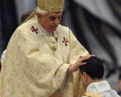 During the Holy Thursday Eucharistic Procession, the Holy Father carries the Blessed Sacrament to the Altar of Repose.'Indeed, when all is said and done, there is only one priest of the New Covenant, Jesus Christ himself. Consequently, the priesthood of the disciples can only be a participation in the priesthood of Jesus.' Image of During the Holy Thursday Eucharistic Procession, the Holy Father carries the Blessed Sacrament to the Altar of Repose.'Indeed, when all is said and done, there is only one priest of the New Covenant, Jesus Christ himself. Consequently, the priesthood of the disciples can only be a participation in the priesthood of Jesus.'